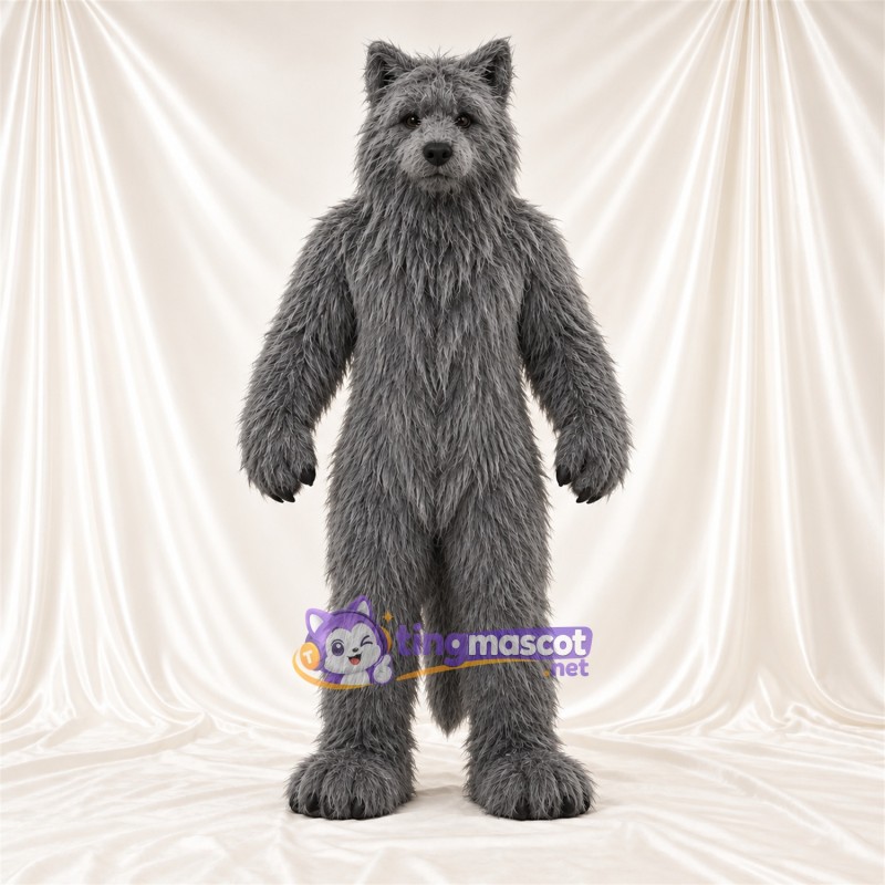 Costume de mascotte Loup – gris – Bouche fermée; Fourrure hirsute
