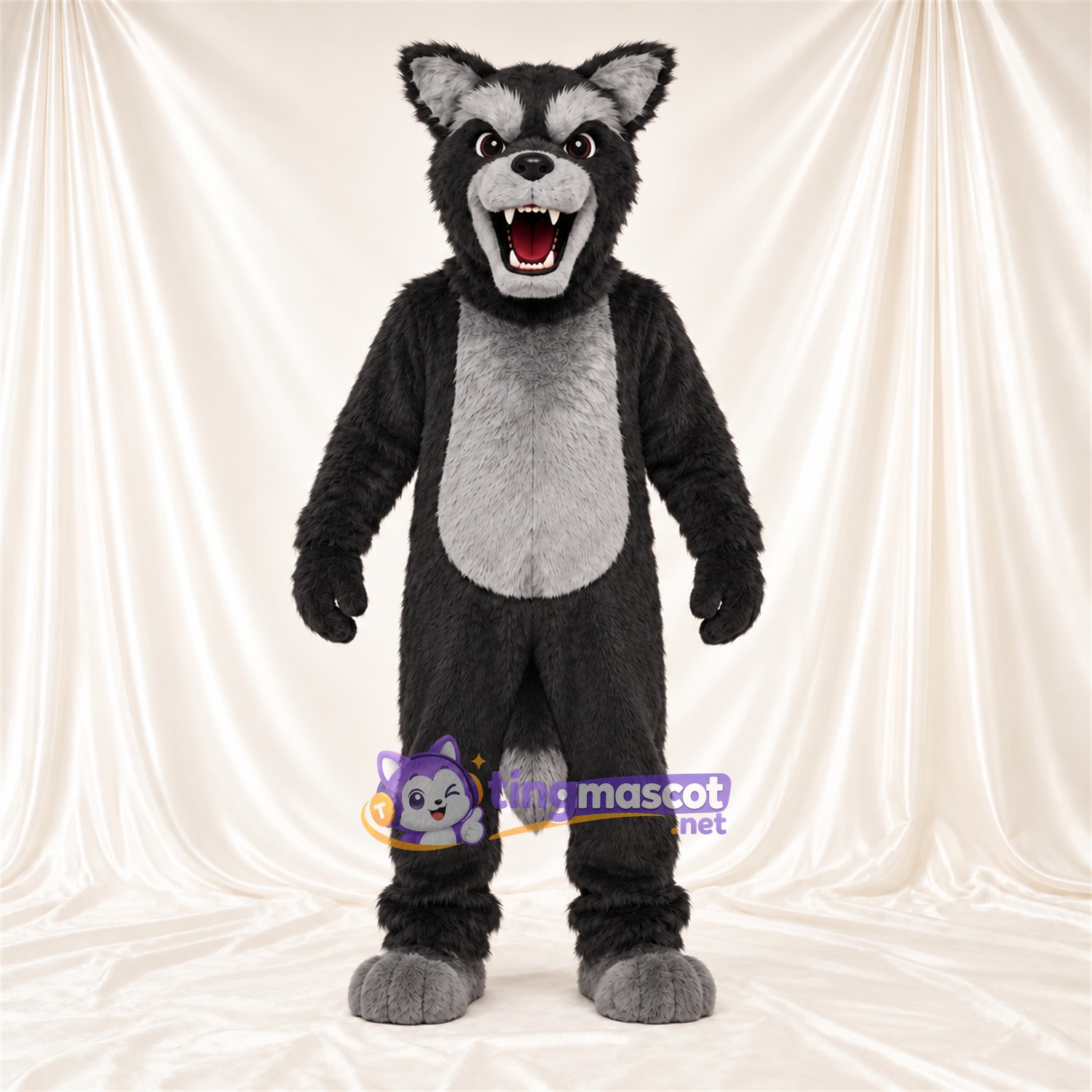 Black and Gray Wolf Mascot Costume - Gray Belly and Pointed Fangs Black and Gray Wolf Mascot Costume - Gray Belly and Pointed Fangs