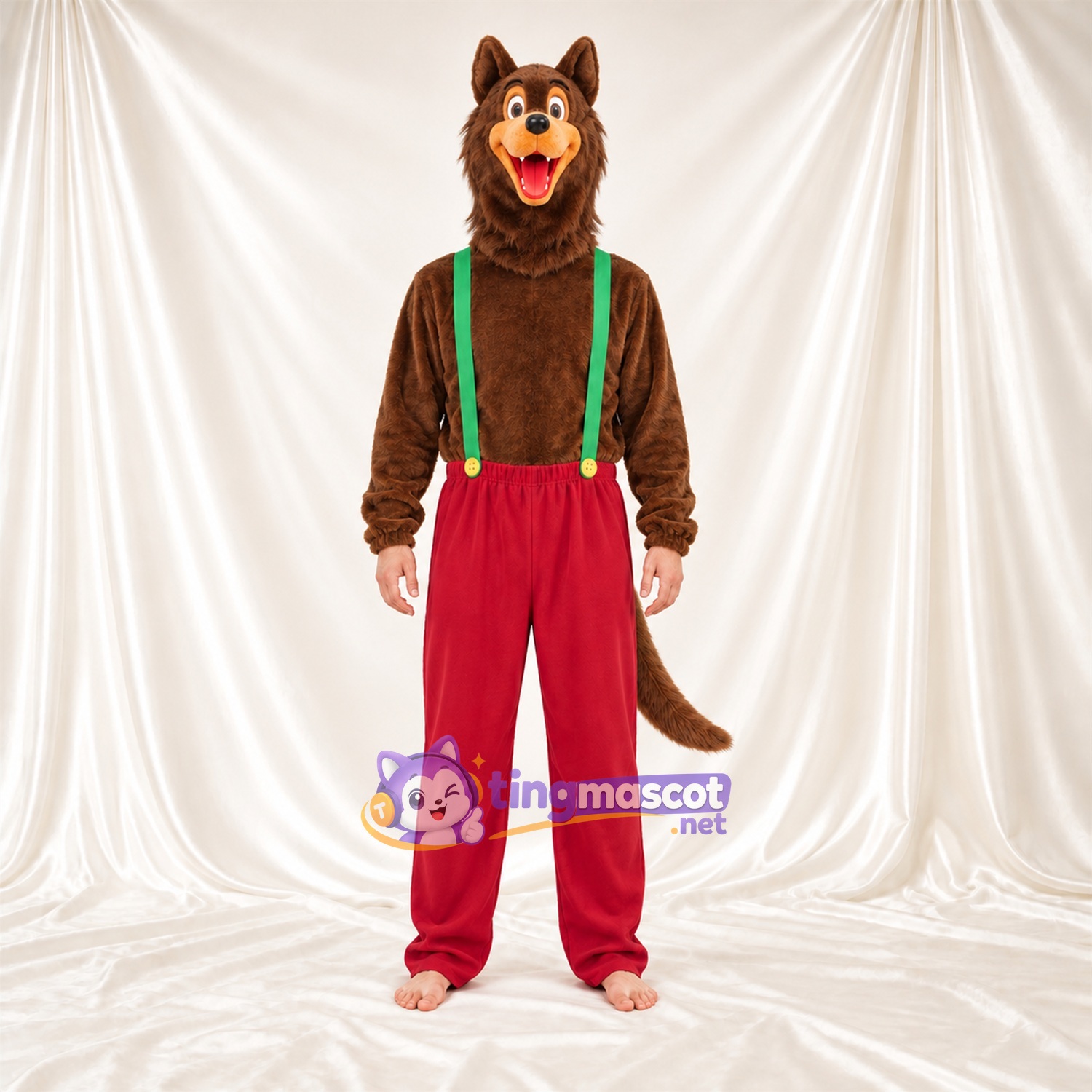 Costume de mascotte Loup – marron – Pantalon (rouge); Bretelles (vert) Costume de mascotte Loup – marron – Pantalon (rouge); Bretelles (vert)