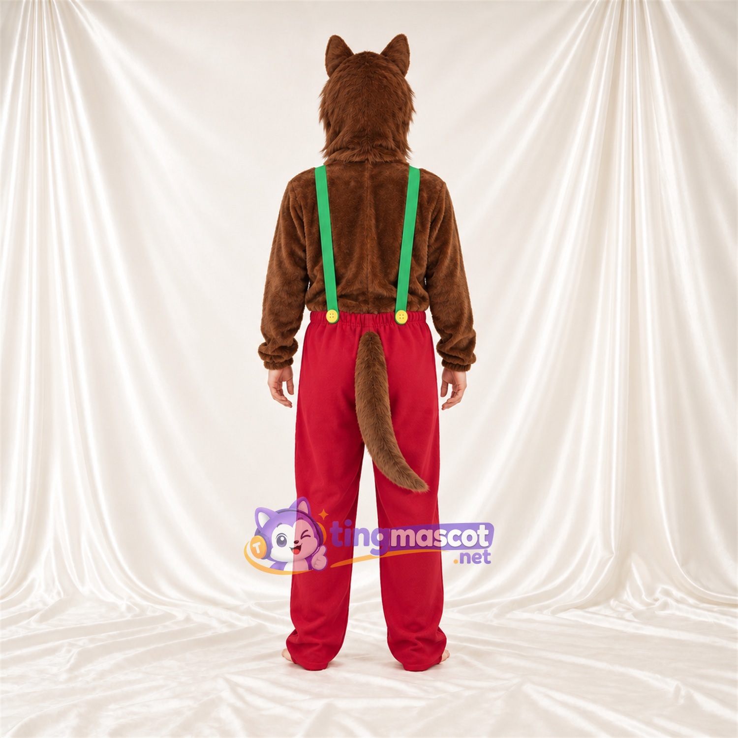 Costume de mascotte Loup – marron – Pantalon (rouge); Bretelles (vert) Costume de mascotte Loup – marron – Pantalon (rouge); Bretelles (vert)