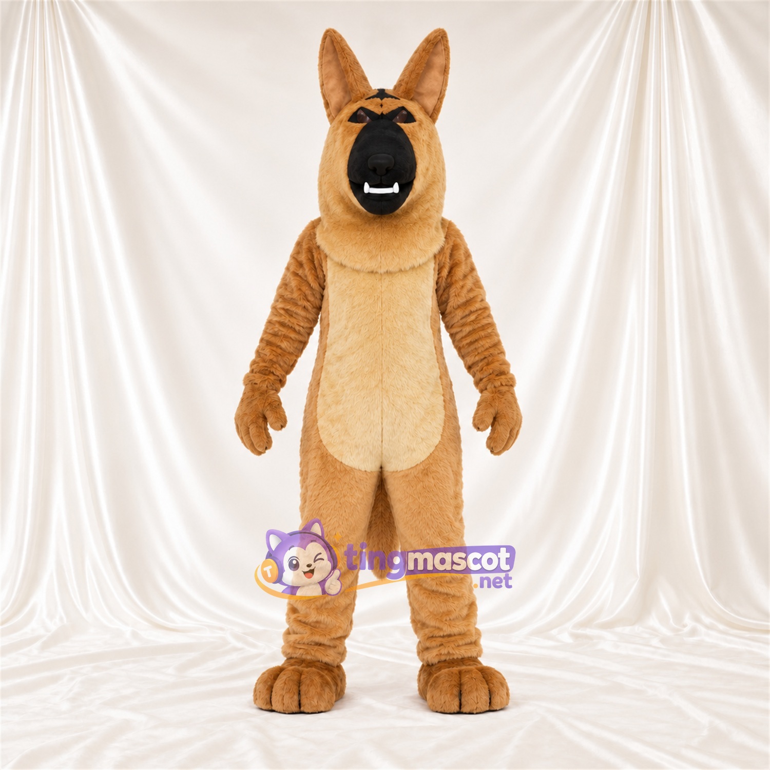 Maskottchenkostüm Deutscher Schäferhund – hellbraun / schwarz – Bauch (creme); Schnauze (schwarz) Maskottchenkostüm Deutscher Schäferhund – hellbraun / schwarz – Bauch (creme); Schnauze (schwarz)