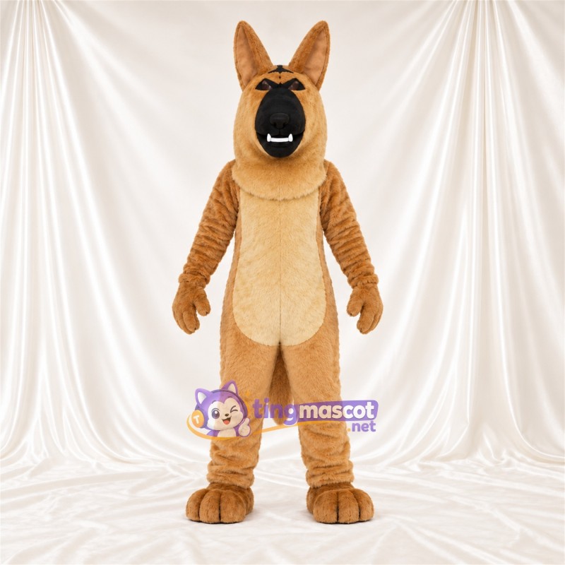 Maskottchenkostüm Deutscher Schäferhund – hellbraun / schwarz – Bauch (creme); Schnauze (schwarz) Maskottchenkostüm Deutscher Schäferhund – hellbraun / schwarz – Bauch (creme); Schnauze (schwarz)