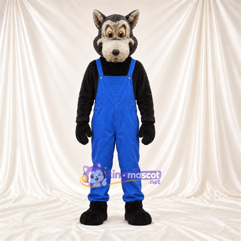 Black and Gray Wolf Mascot Costume - Blue Overalls Black and Gray Wolf Mascot Costume - Blue Overalls