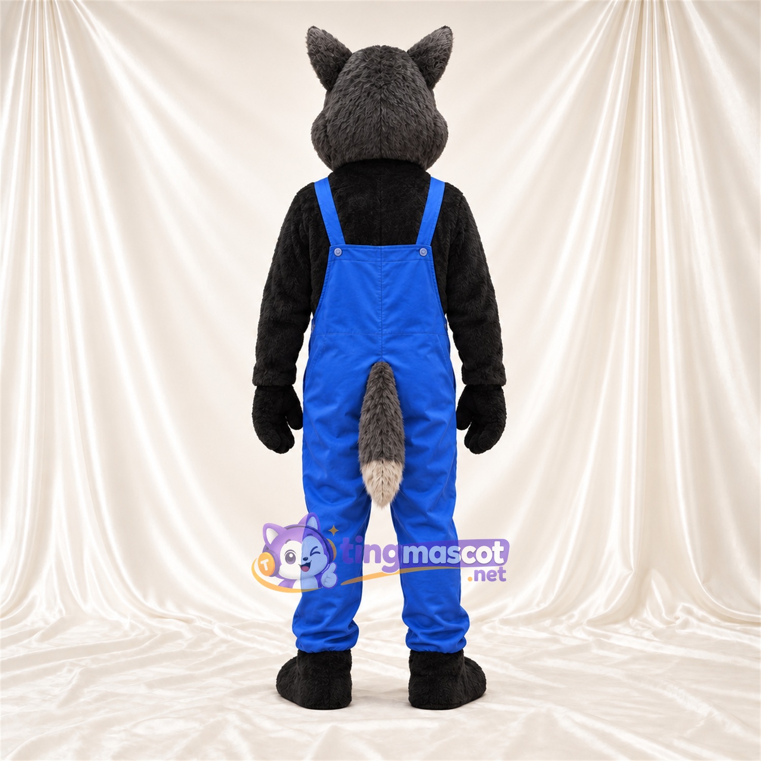 Black and Gray Wolf Mascot Costume - Blue Overalls Black and Gray Wolf Mascot Costume - Blue Overalls