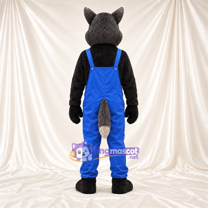 Black and Gray Wolf Mascot Costume - Blue Overalls Black and Gray Wolf Mascot Costume - Blue Overalls