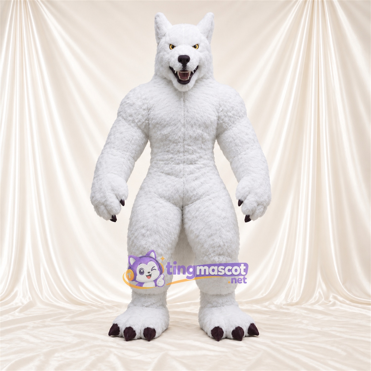 Costume de mascotte Loup – blanc – Torse musclé; Griffes (noir) Costume de mascotte Loup – blanc – Torse musclé; Griffes (noir)