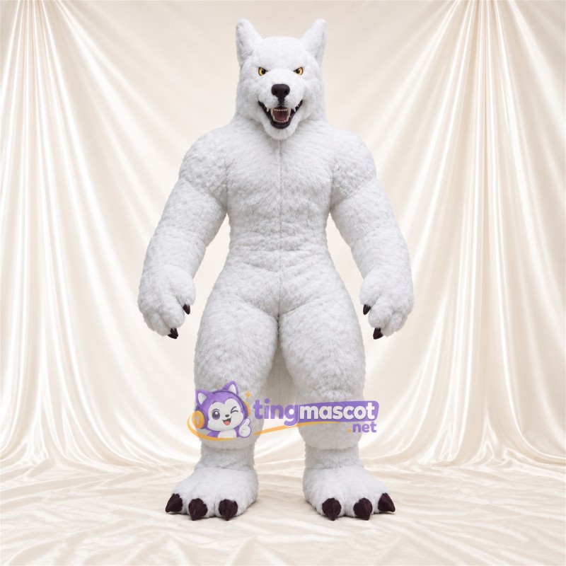 Costume de mascotte Loup – blanc – Torse musclé; Griffes (noir) Costume de mascotte Loup – blanc – Torse musclé; Griffes (noir)