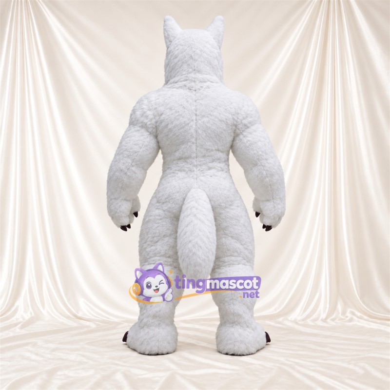 Costume de mascotte Loup – blanc – Torse musclé; Griffes (noir) Costume de mascotte Loup – blanc – Torse musclé; Griffes (noir)