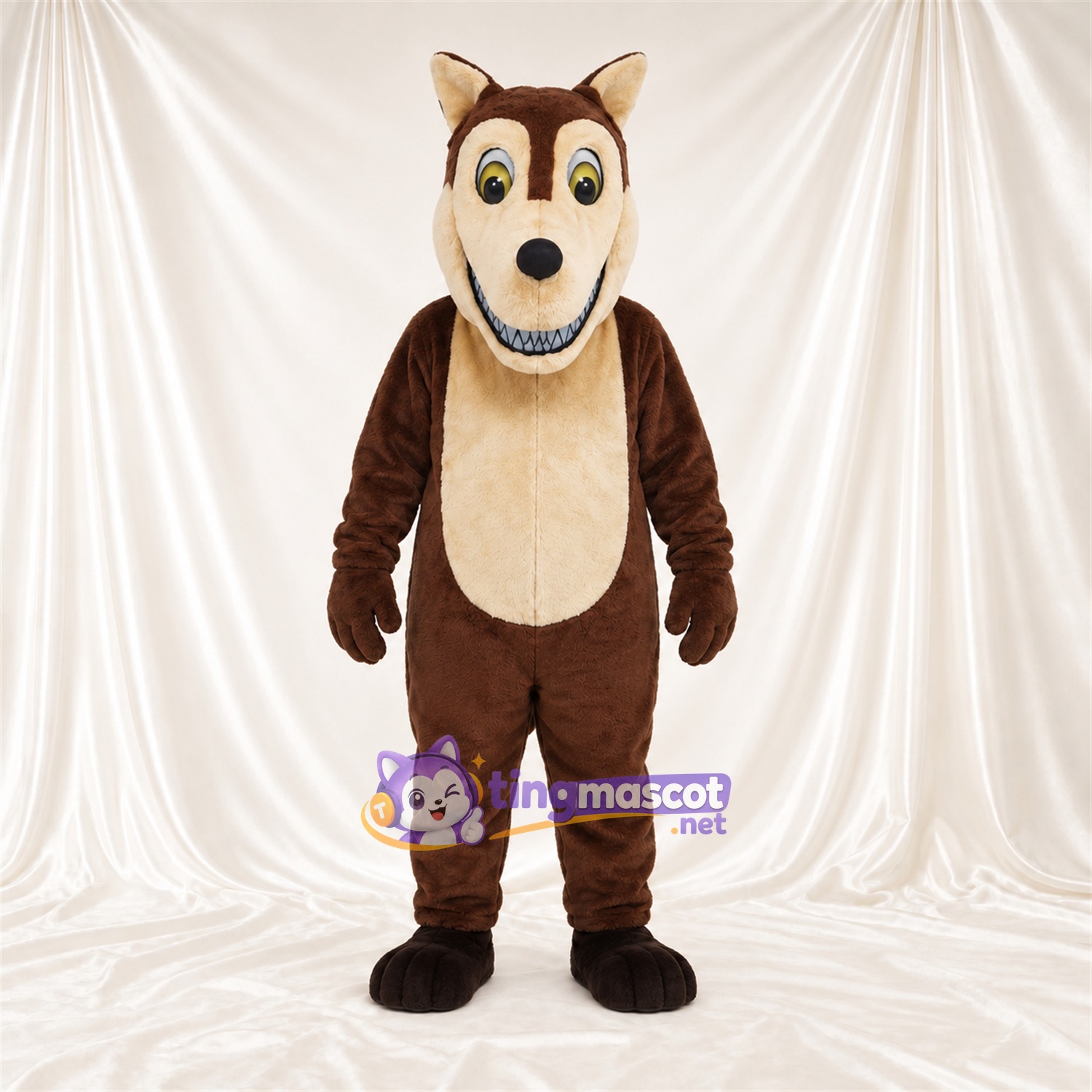Costume de mascotte Loup – marron – Ventre (crème); Sourire avec dents Costume de mascotte Loup – marron – Ventre (crème); Sourire avec dents