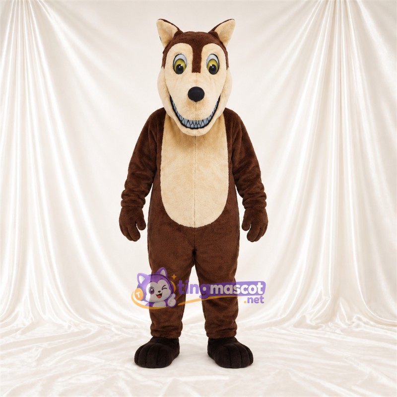Costume de mascotte Loup – marron – Ventre (crème); Sourire avec dents