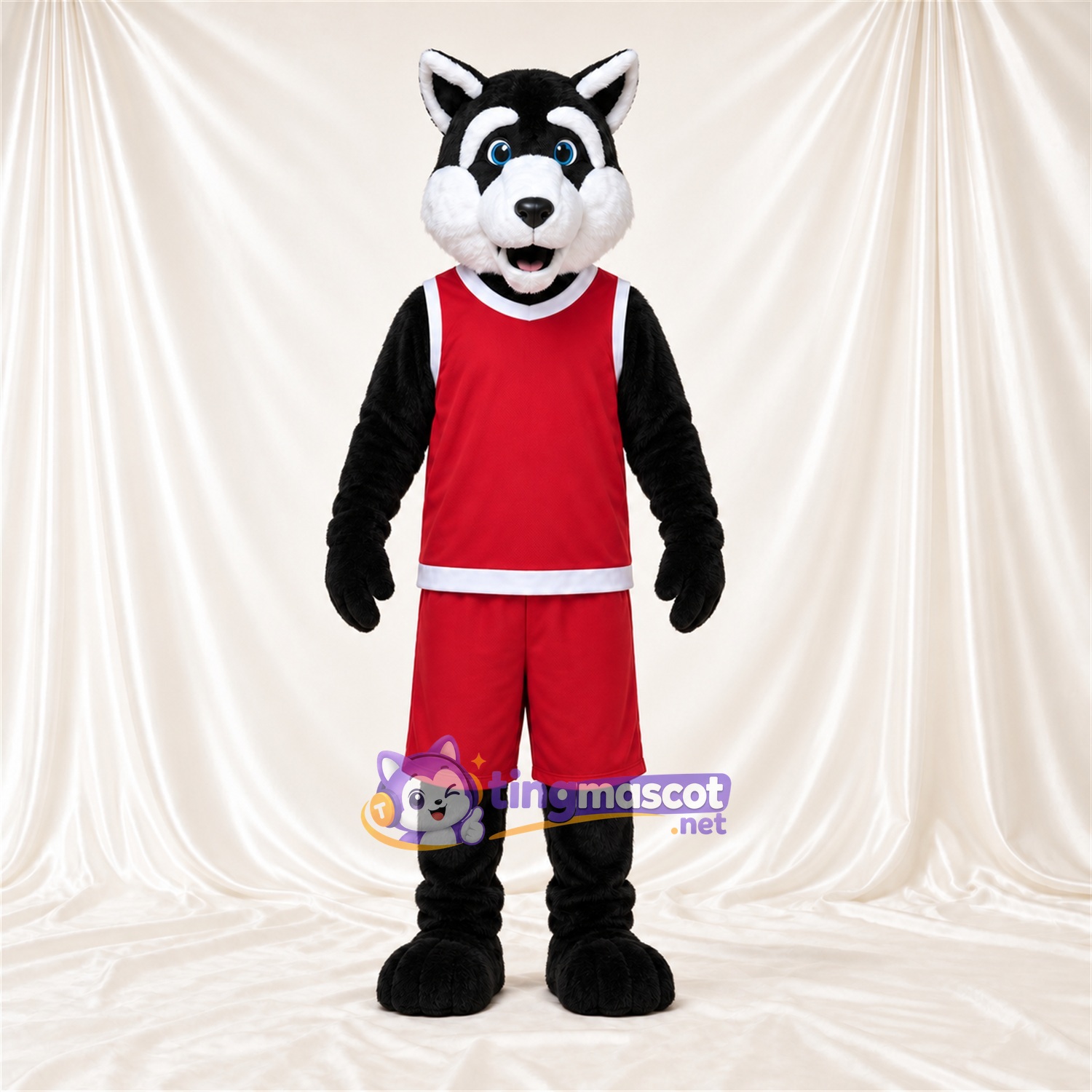 Black and White Husky Mascot Costume - Red Sports Outfit Black and White Husky Mascot Costume - Red Sports Outfit