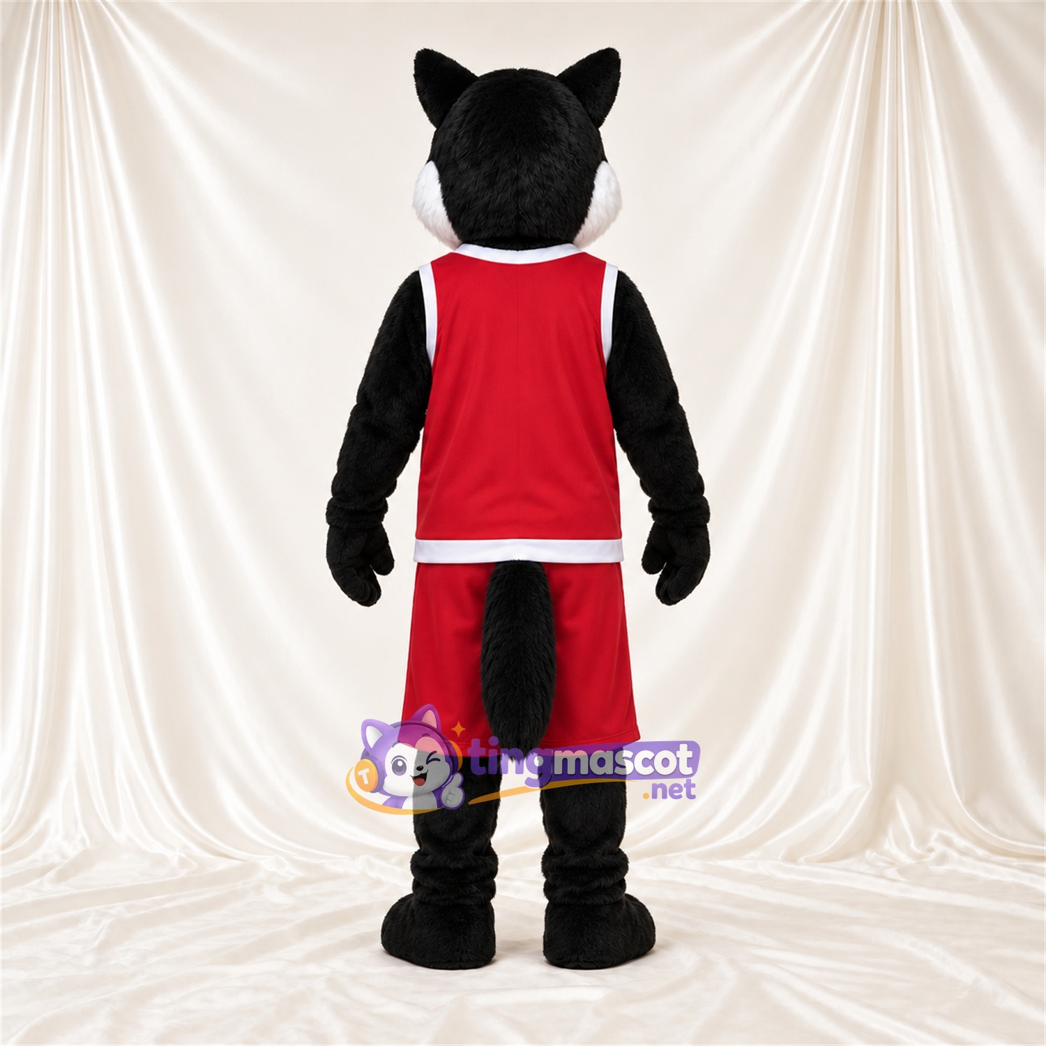 Black and White Husky Mascot Costume - Red Sports Outfit Black and White Husky Mascot Costume - Red Sports Outfit