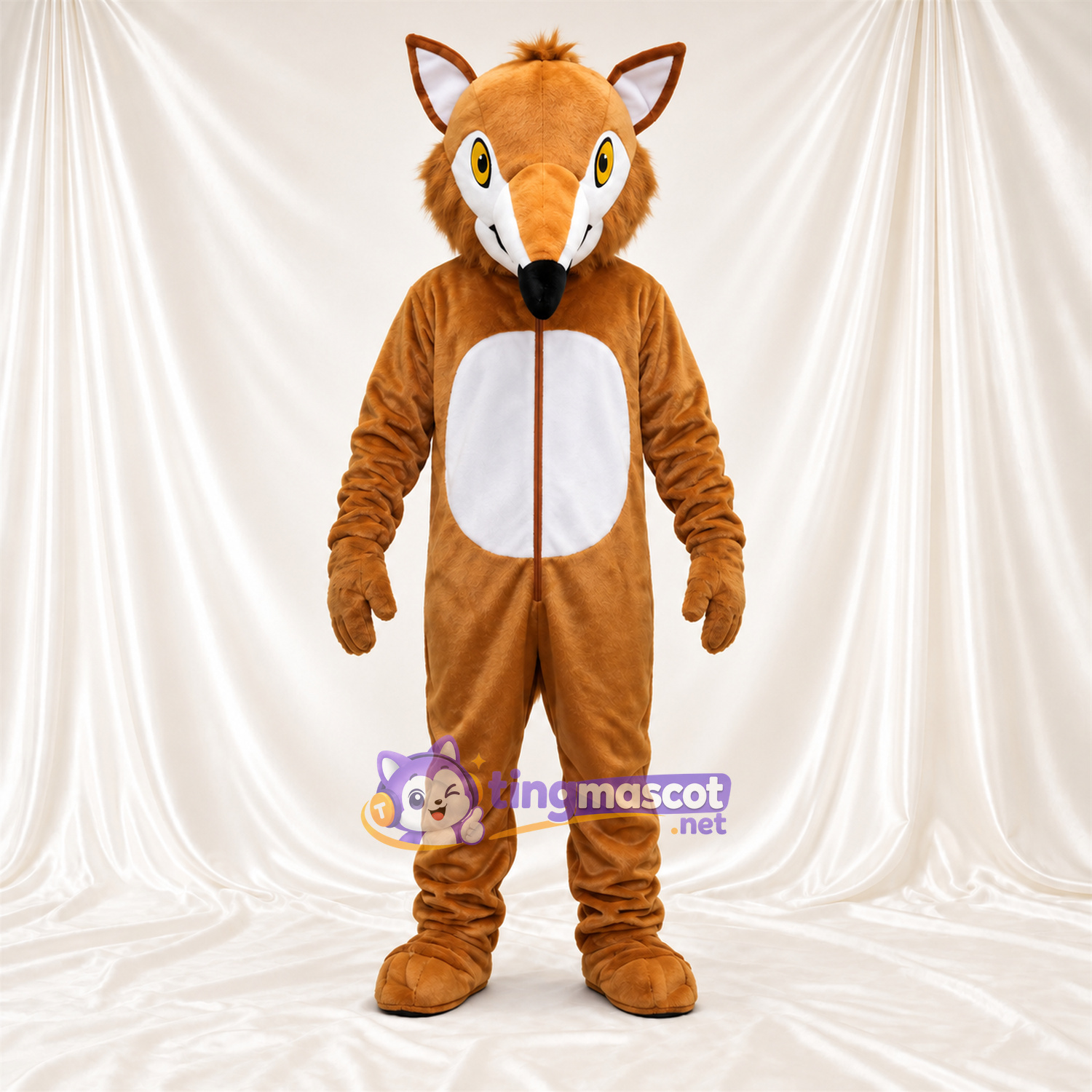 Maskottchenkostüm Fuchs – braun / weiß – Bauch (weiß); Augen (blau)