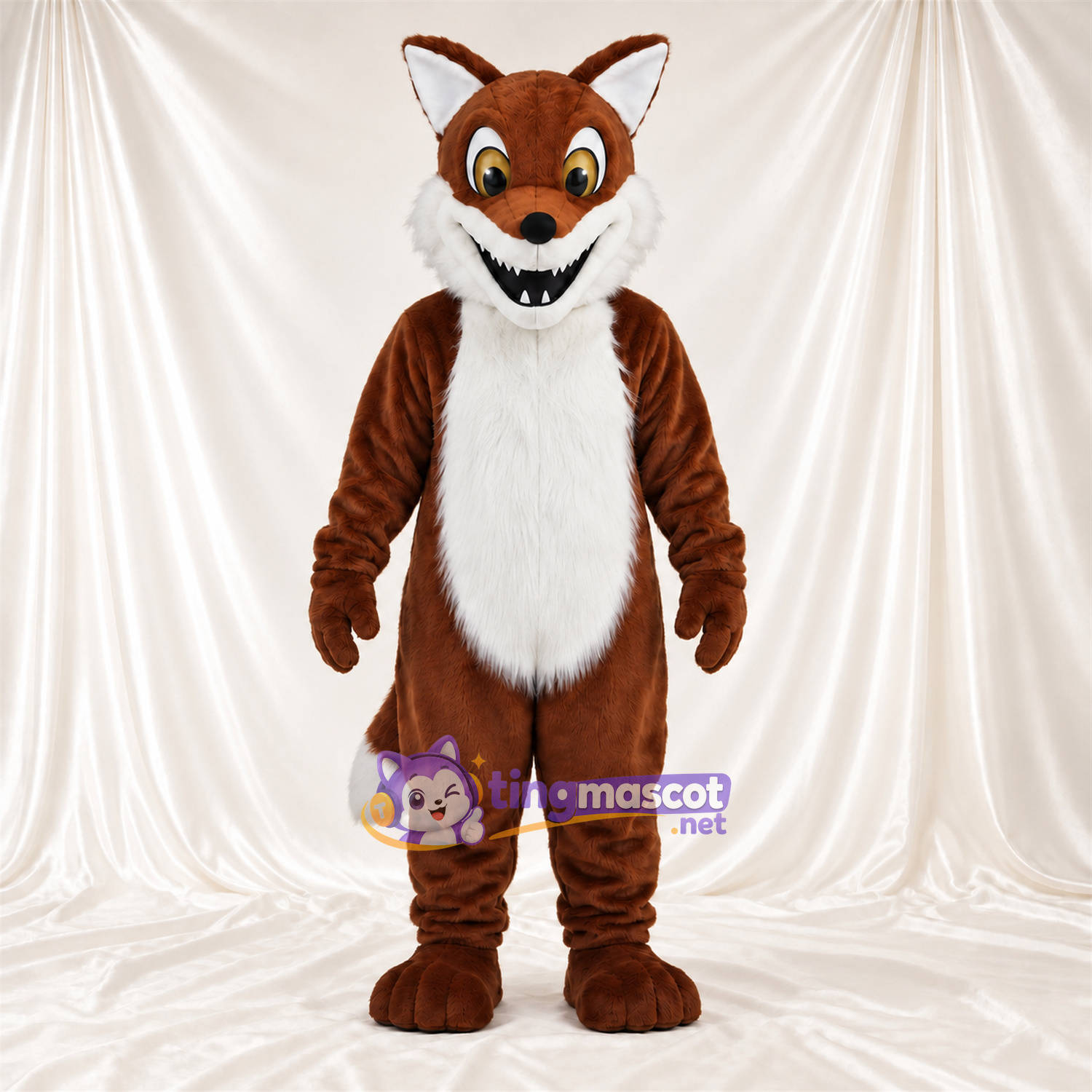 Maskottchenkostüm Fuchs – braun / weiß – Bauch (weiß); Breites Zahngrinsen