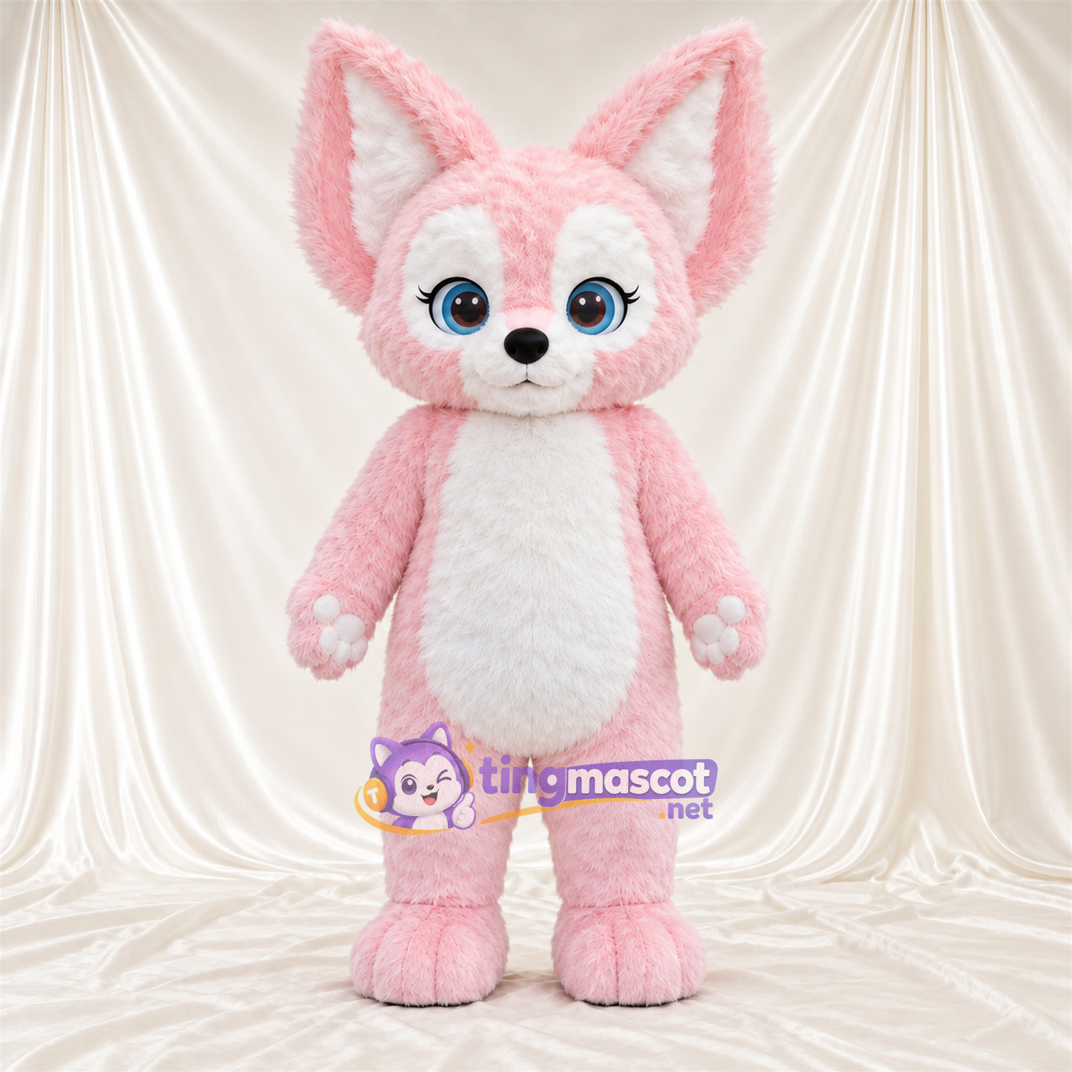 Maskottchenkostüm Fuchs – rosa / weiß – Bauch (weiß); Augen (blau) Maskottchenkostüm Fuchs – rosa / weiß – Bauch (weiß); Augen (blau)