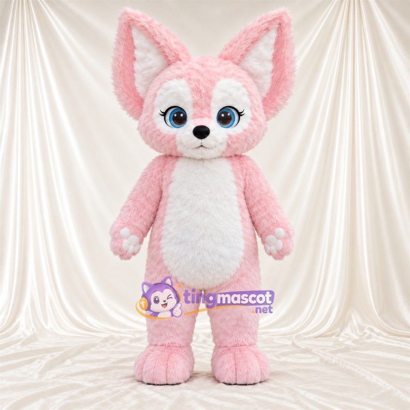 Maskottchenkostüm Fuchs – rosa / weiß – Bauch (weiß); Augen (blau) Maskottchenkostüm Fuchs – rosa / weiß – Bauch (weiß); Augen (blau)