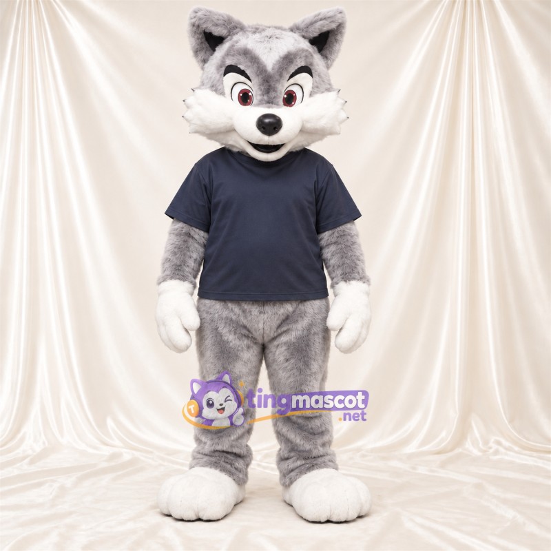 Maskottchenkostüm Fuchs – grau / weiß – Hemd (marineblau) Maskottchenkostüm Fuchs – grau / weiß – Hemd (marineblau)