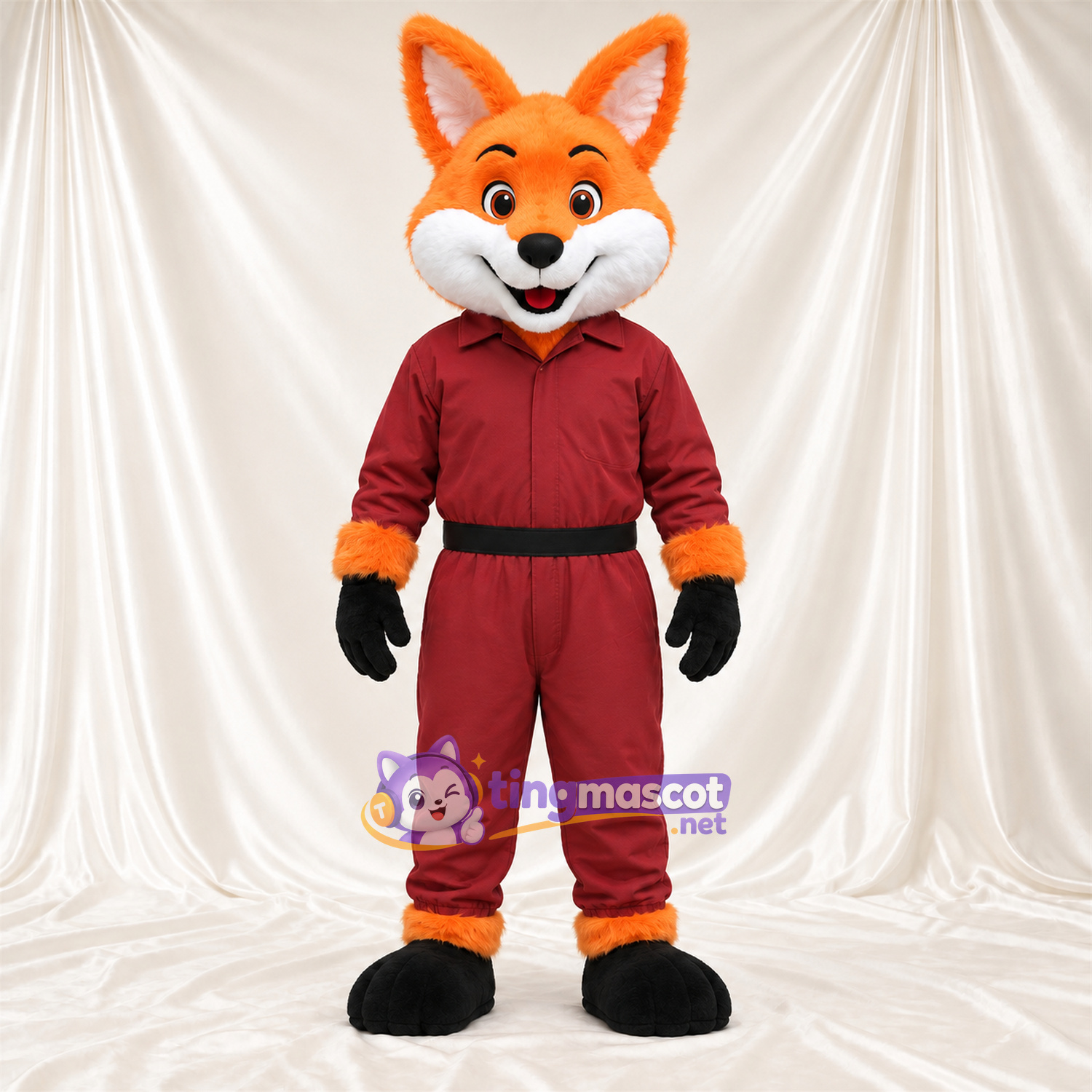 Maskottchenkostüm Fuchs – orange / weiß – Trainingsanzug (bordeauxrot) Maskottchenkostüm Fuchs – orange / weiß – Trainingsanzug (bordeauxrot)