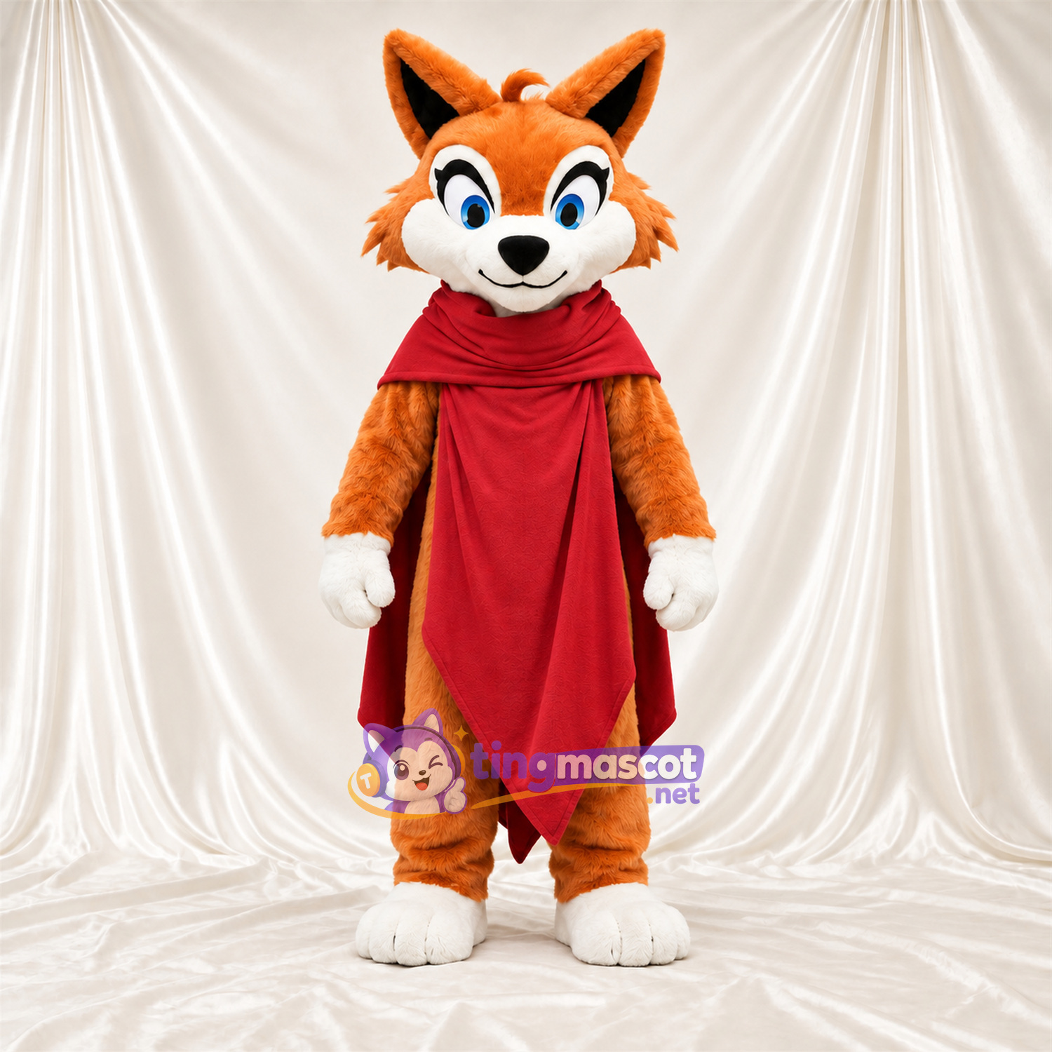 Maskottchenkostüm Fuchs – orange / weiß – Umhang (rot) Maskottchenkostüm Fuchs – orange / weiß – Umhang (rot)