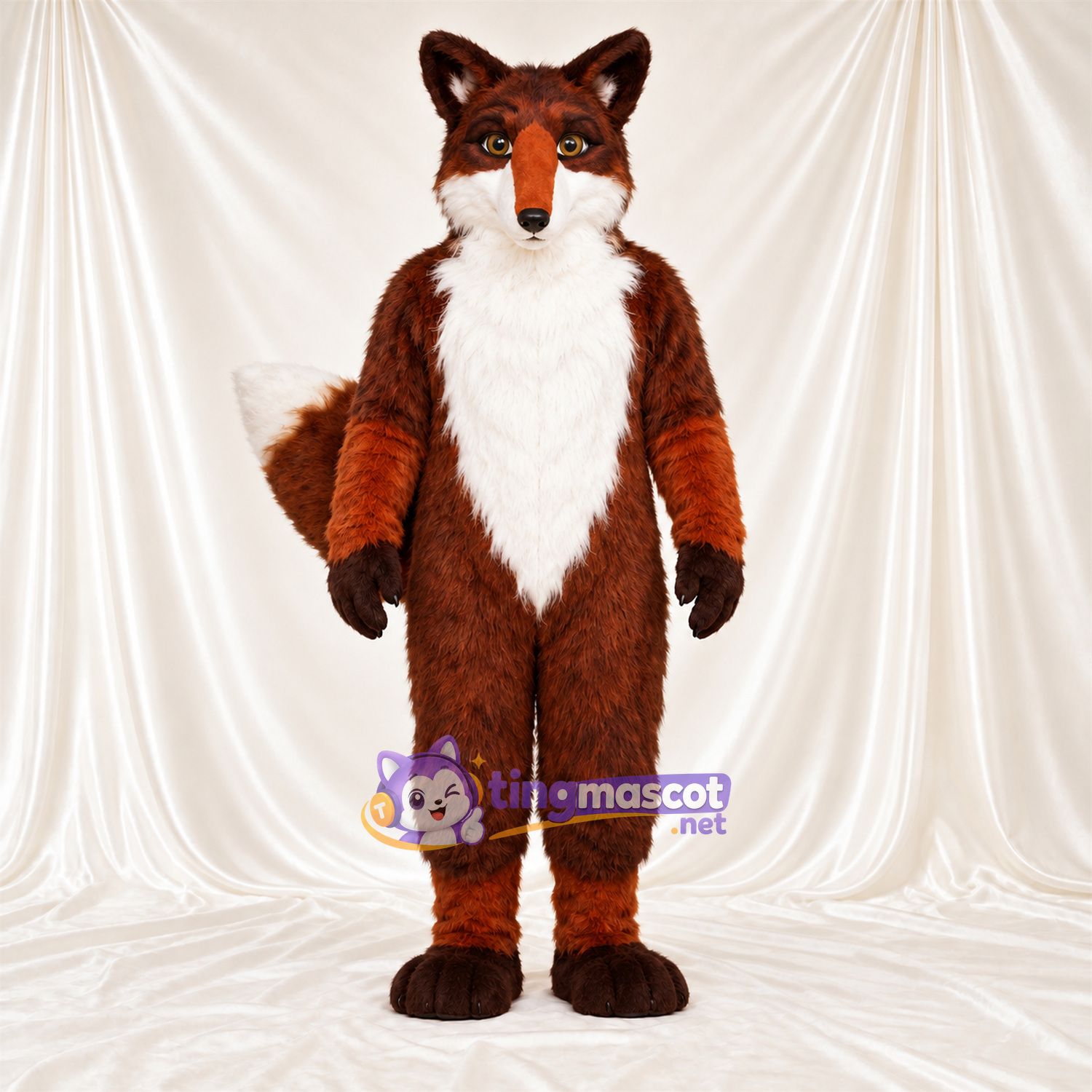 Maskottchenkostüm Fuchs – braun / weiß – Brust (weiß); Buschiger Schwanz Maskottchenkostüm Fuchs – braun / weiß – Brust (weiß); Buschiger Schwanz