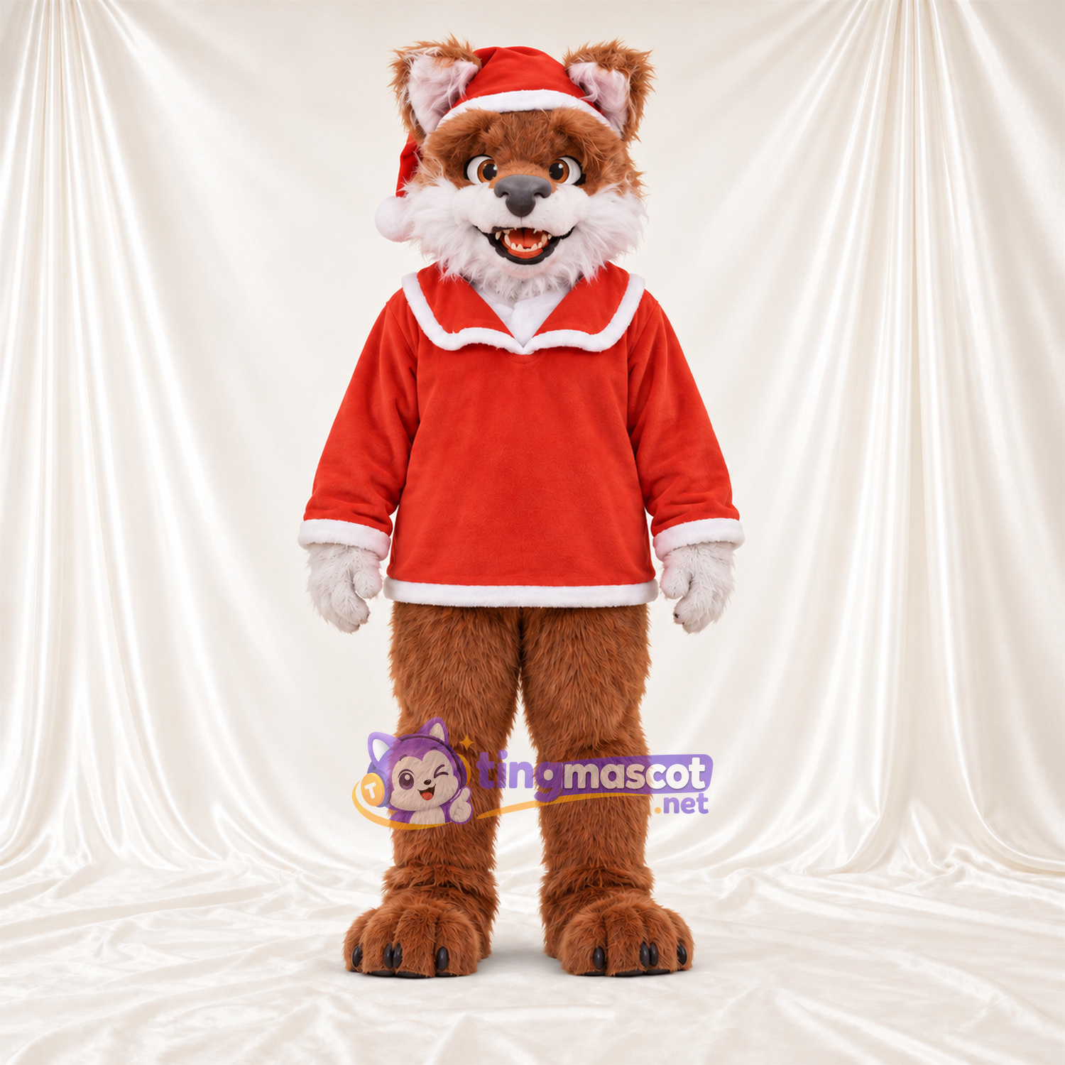 Brown and White Fox Mascot Costume - Red Santa Shirt and Hat Brown and White Fox Mascot Costume - Red Santa Shirt and Hat