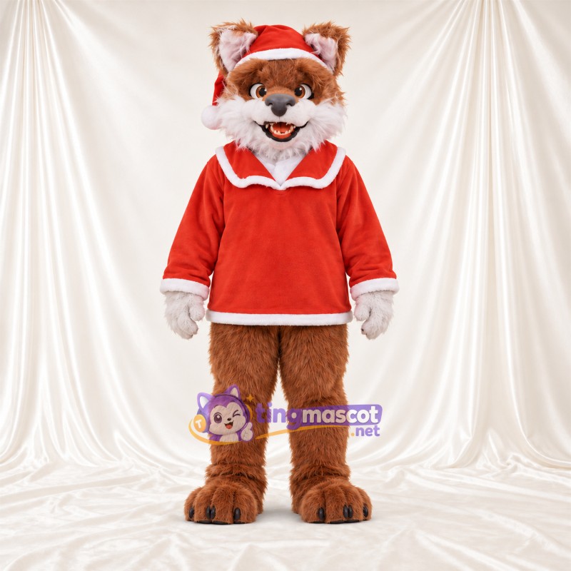 Brown and White Fox Mascot Costume - Red Santa Shirt and Hat Brown and White Fox Mascot Costume - Red Santa Shirt and Hat