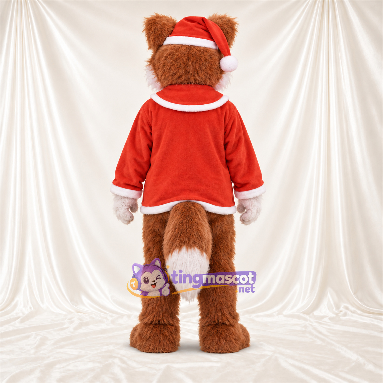 Brown and White Fox Mascot Costume - Red Santa Shirt and Hat Brown and White Fox Mascot Costume - Red Santa Shirt and Hat