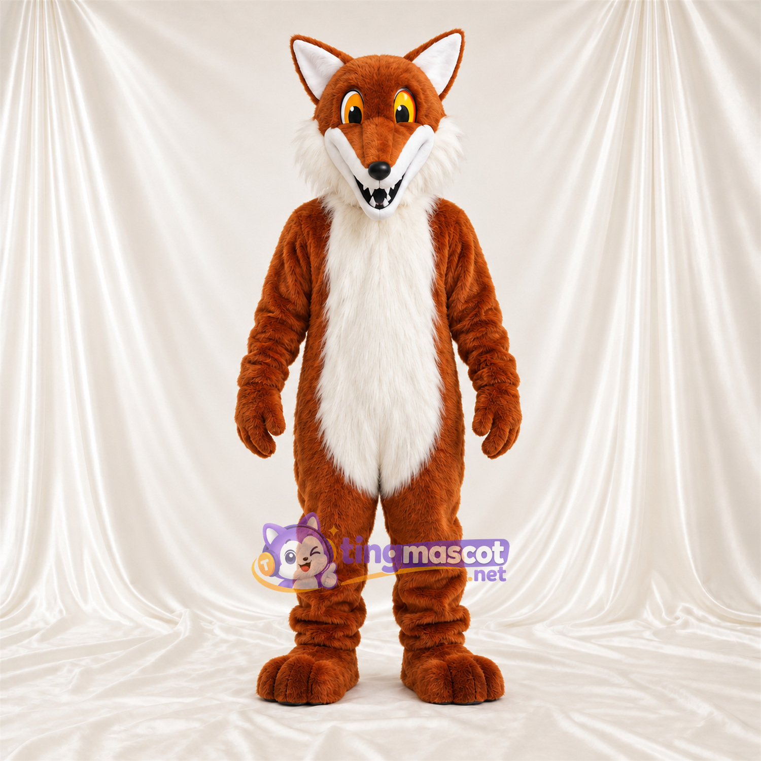 Maskottchenkostüm Fuchs – braun / weiß – Bauch (weiß); Augen (gelb)