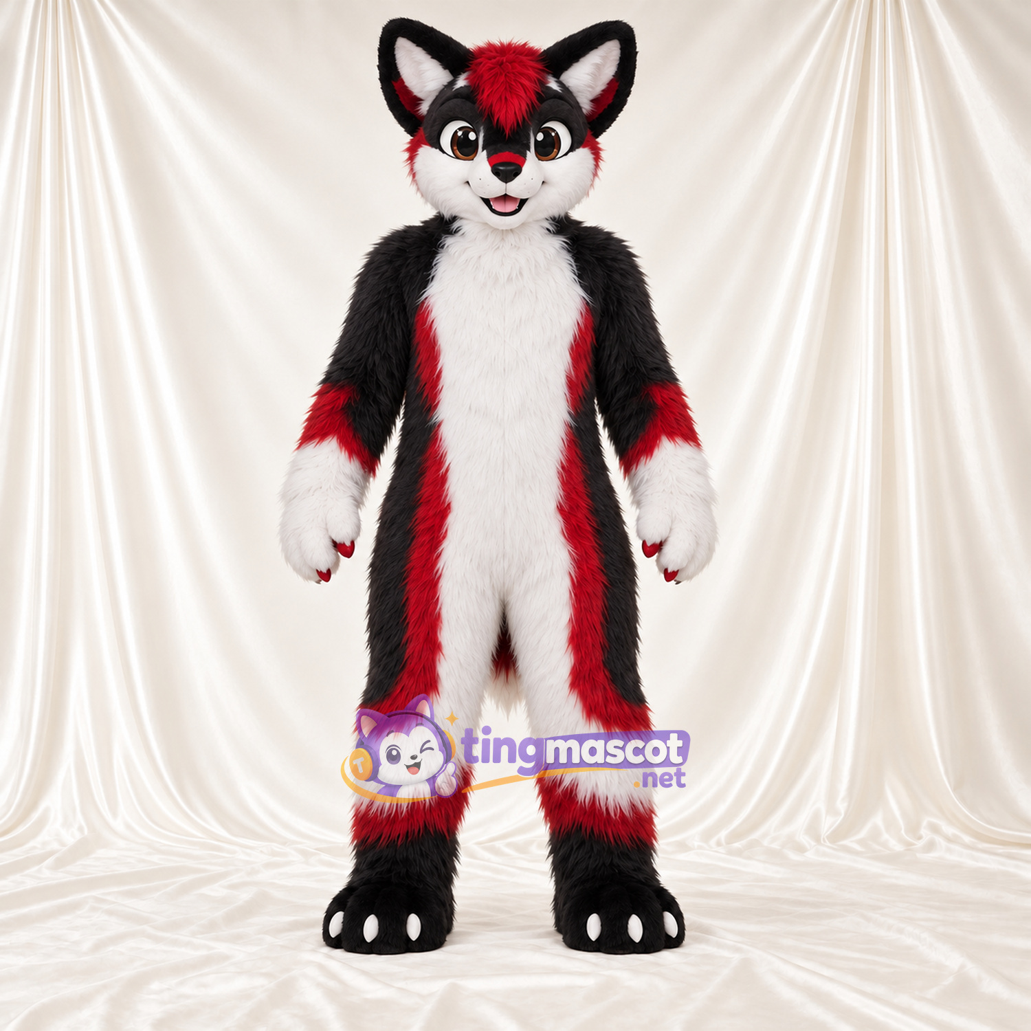 Black, Red and White Fox Mascot Costume - Fluffy Tail Black, Red and White Fox Mascot Costume - Fluffy Tail