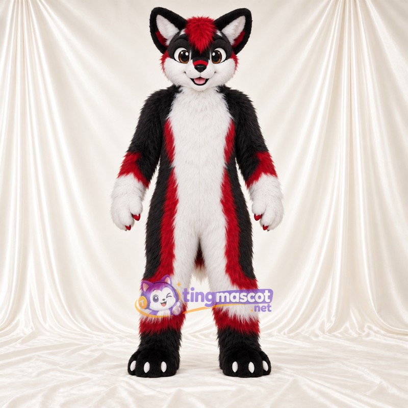 Black, Red and White Fox Mascot Costume - Fluffy Tail Black, Red and White Fox Mascot Costume - Fluffy Tail