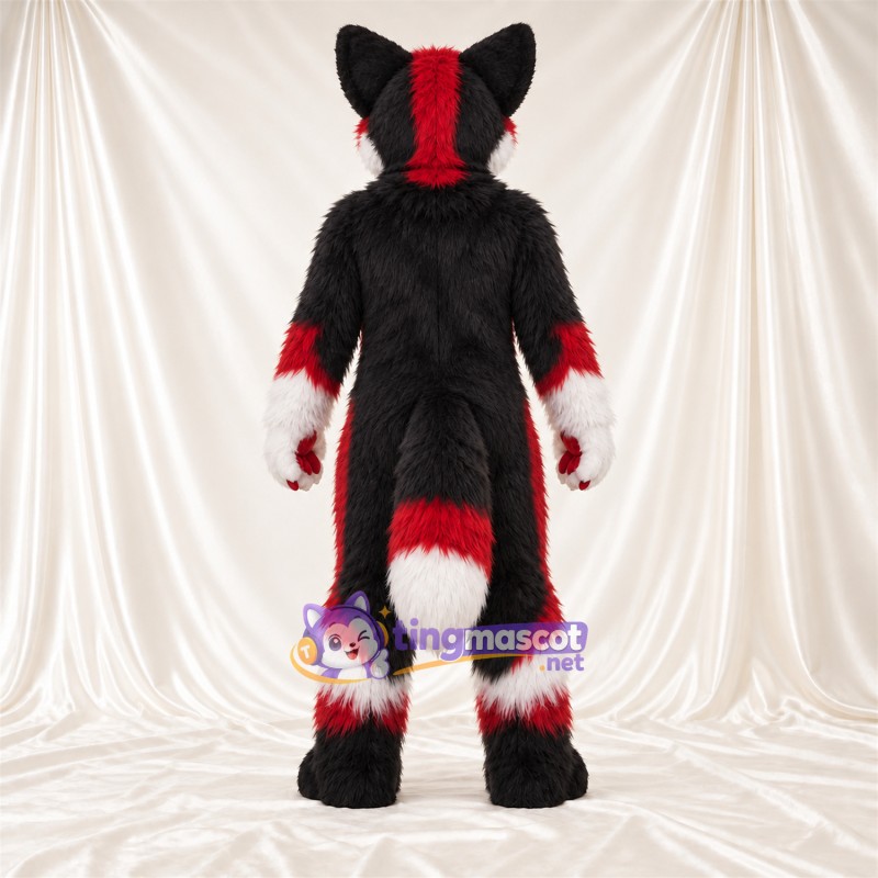 Black, Red and White Fox Mascot Costume - Fluffy Tail Black, Red and White Fox Mascot Costume - Fluffy Tail