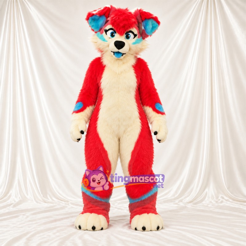 Maskottchenkostüm Roter Panda – rot / creme – Farbakzente (blau)