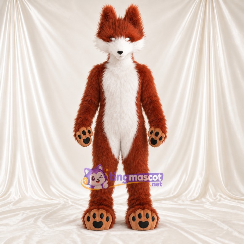 Maskottchenkostüm Fuchs – braun / weiß – Spitze Ohren; Pfotenballen (schwarz) Maskottchenkostüm Fuchs – braun / weiß – Spitze Ohren; Pfotenballen (schwarz)