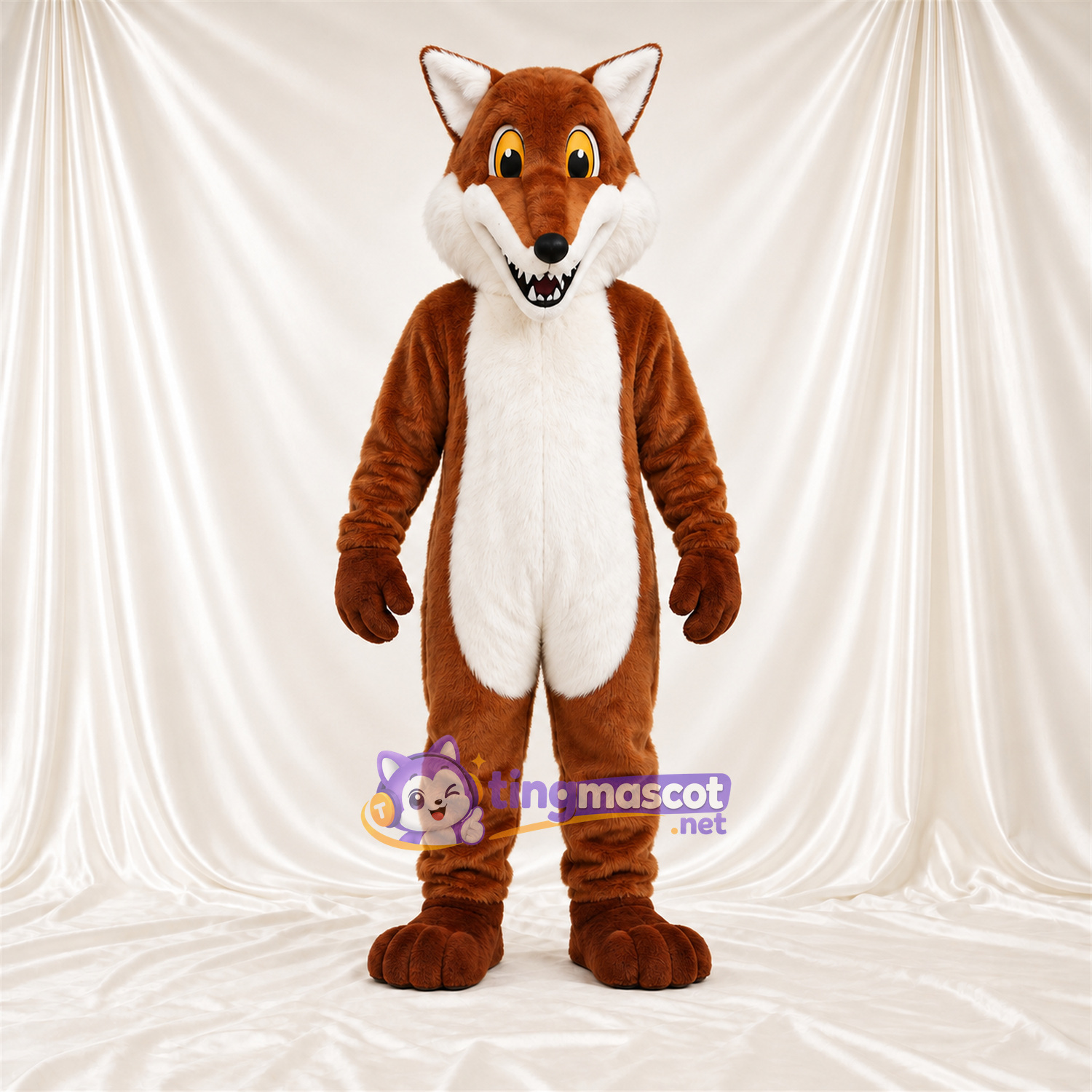 Maskottchenkostüm Fuchs – braun / weiß – Bauch (weiß); Augen (gelb)