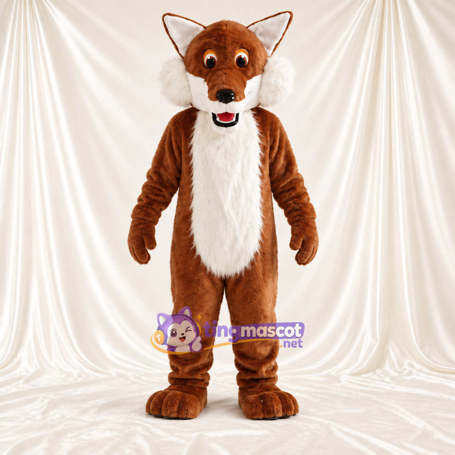 Maskottchenkostüm Fuchs – braun / weiß – Bauch (weiß); Breites Zahngrinsen