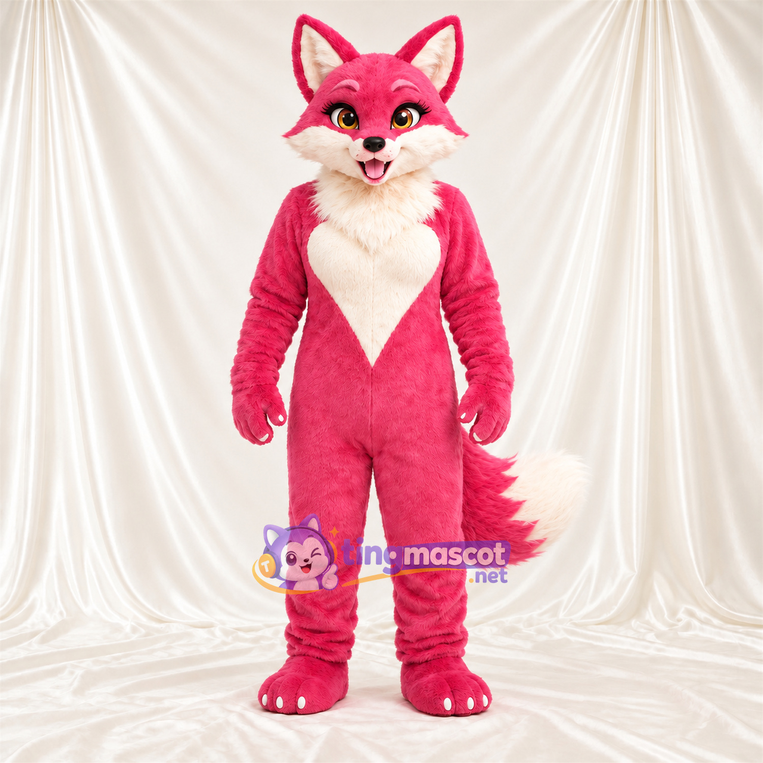 Maskottchenkostüm Fuchs – rosa / weiß – Blatt; Bauch (weiß) Maskottchenkostüm Fuchs – rosa / weiß – Blatt; Bauch (weiß)