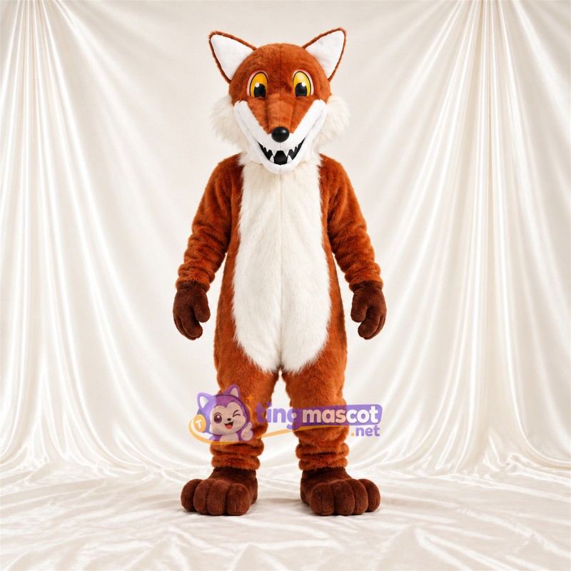 Maskottchenkostüm Fuchs – braun / weiß – Bauch (weiß); Augen (gelb) Maskottchenkostüm Fuchs – braun / weiß – Bauch (weiß); Augen (gelb)