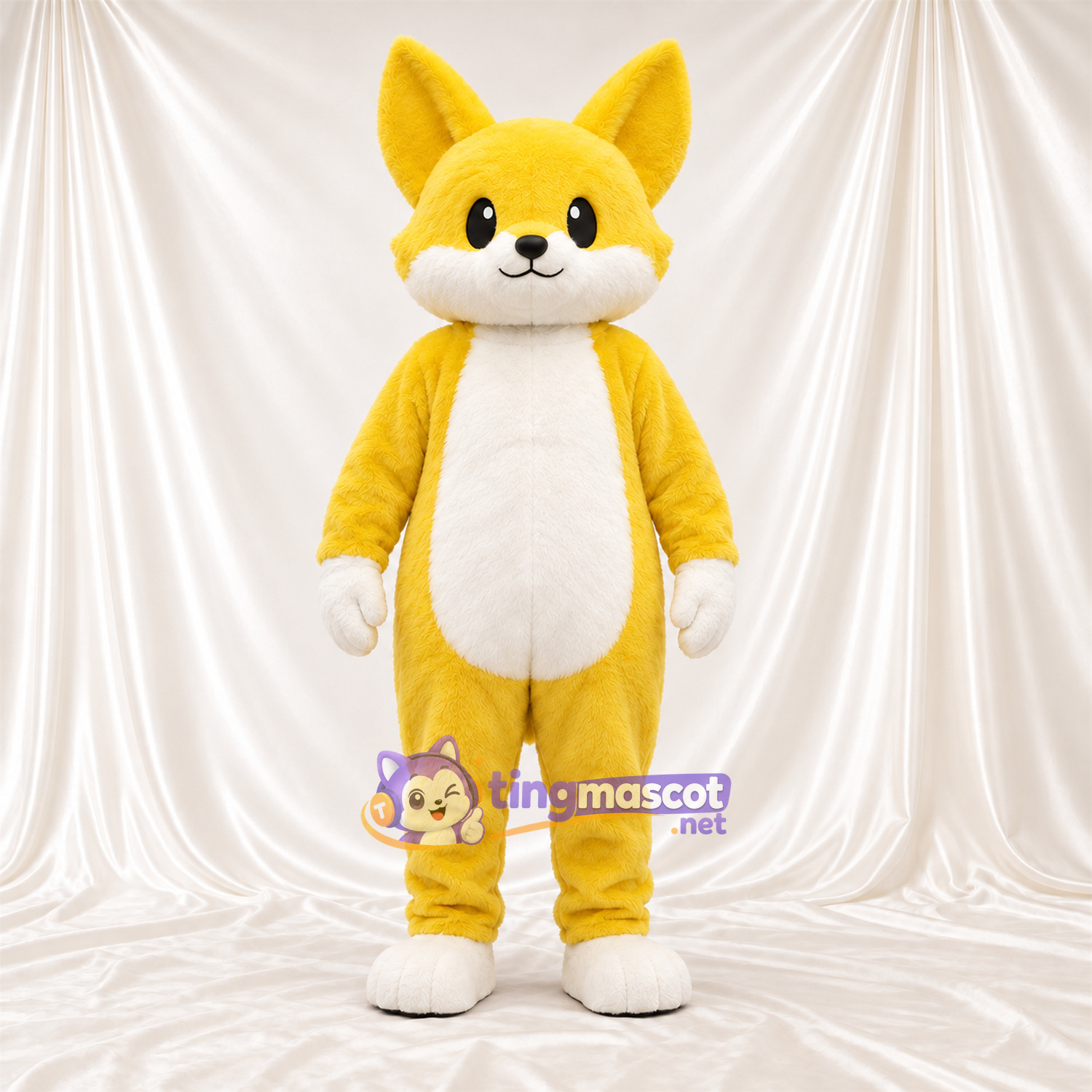 Costume de mascotte Renard – jaune / blanc – Ventre (blanc); Bout de la queue (blanc) Costume de mascotte Renard – jaune / blanc – Ventre (blanc); Bout de la queue (blanc)