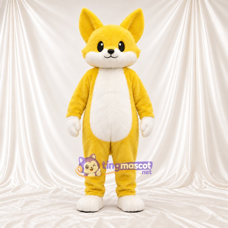 Costume de mascotte Renard – jaune / blanc – Ventre (blanc); Bout de la queue (blanc) Costume de mascotte Renard – jaune / blanc – Ventre (blanc); Bout de la queue (blanc)