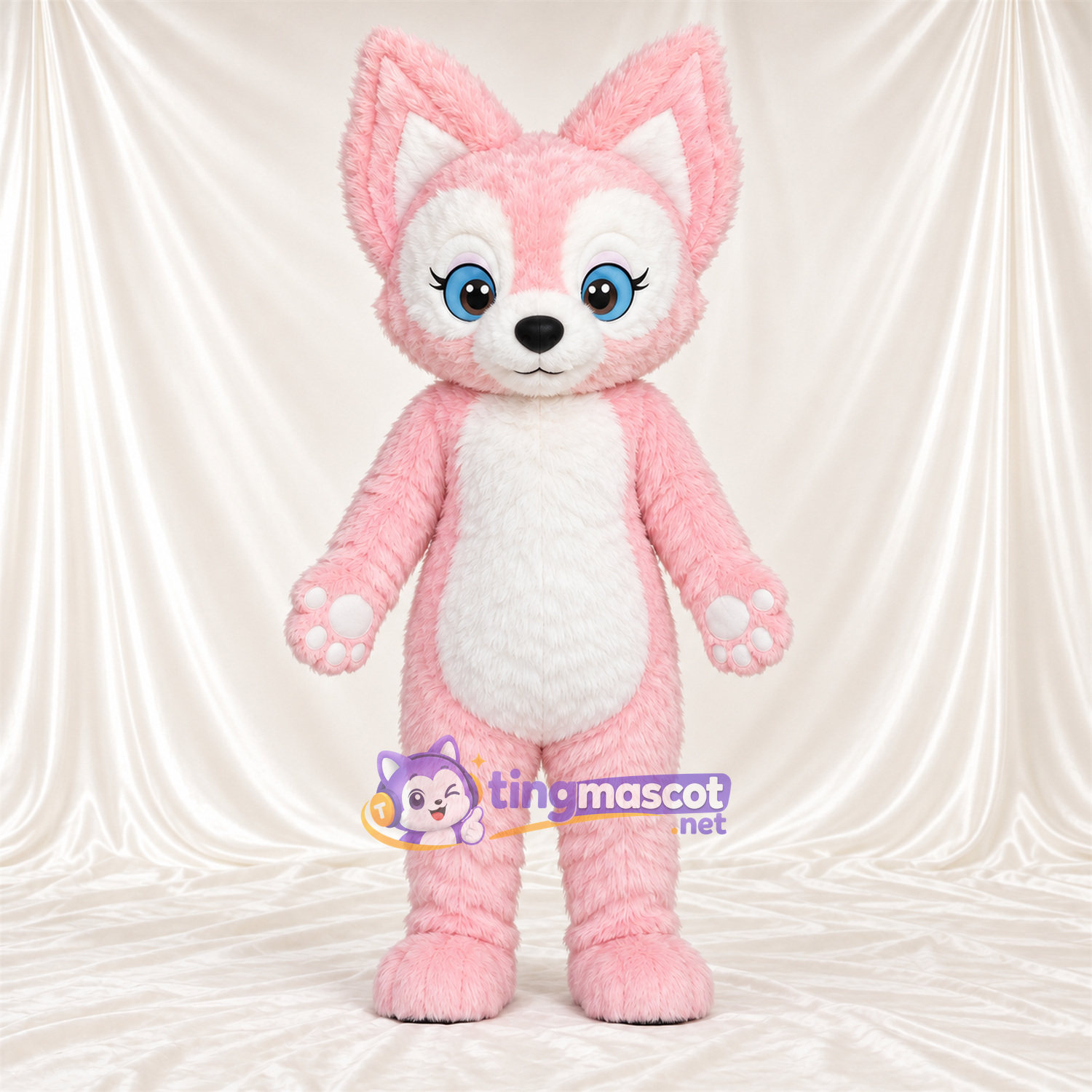 Maskottchenkostüm Fuchs – rosa / weiß – Pfotenballen (rosa); Augen (blau) Maskottchenkostüm Fuchs – rosa / weiß – Pfotenballen (rosa); Augen (blau)