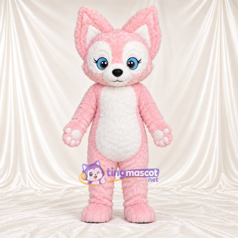 Maskottchenkostüm Fuchs – rosa / weiß – Pfotenballen (rosa); Augen (blau) Maskottchenkostüm Fuchs – rosa / weiß – Pfotenballen (rosa); Augen (blau)