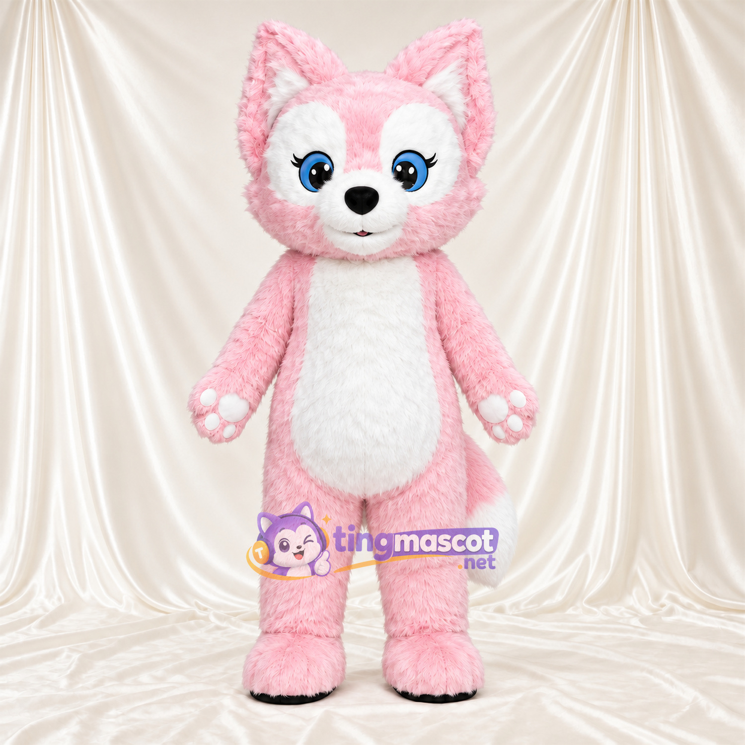 Maskottchenkostüm Fuchs – rosa / weiß – Schwanzspitze (weiß); Pfotenballen (rosa) Maskottchenkostüm Fuchs – rosa / weiß – Schwanzspitze (weiß); Pfotenballen (rosa)