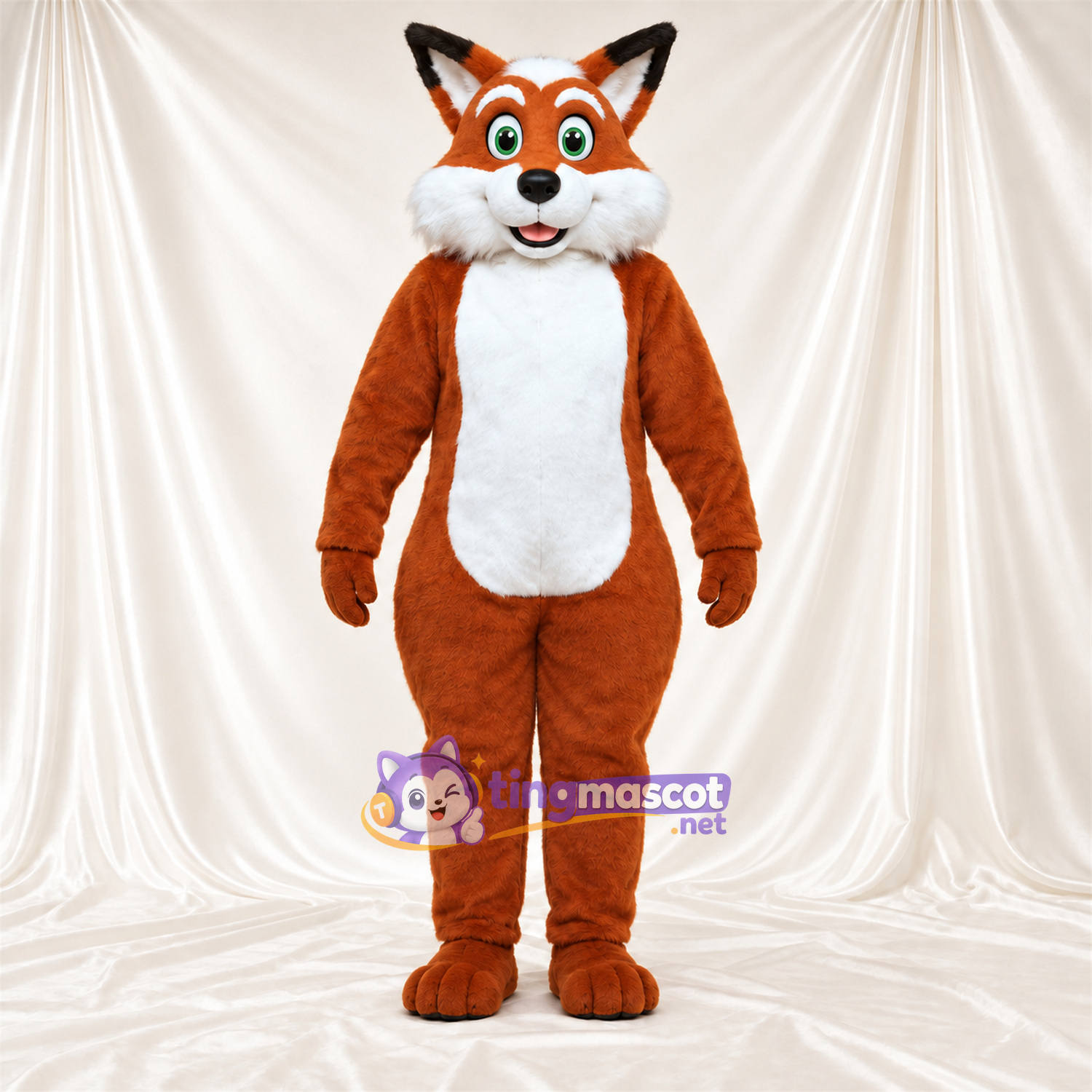 Maskottchenkostüm Fuchs – braun / weiß – Bauch (weiß); Augen (grün)