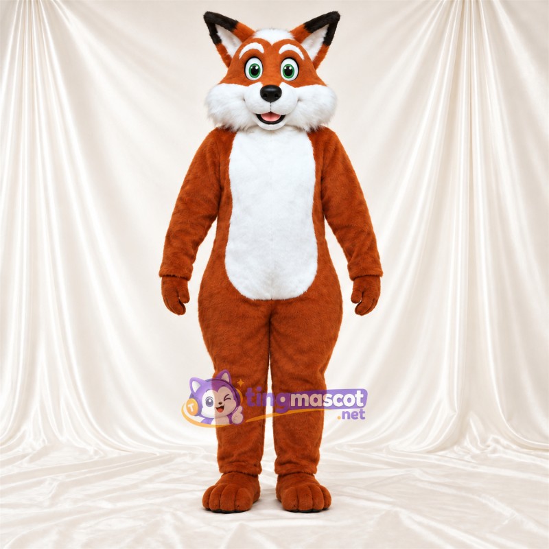 Maskottchenkostüm Fuchs – braun / weiß – Bauch (weiß); Augen (grün) Maskottchenkostüm Fuchs – braun / weiß – Bauch (weiß); Augen (grün)