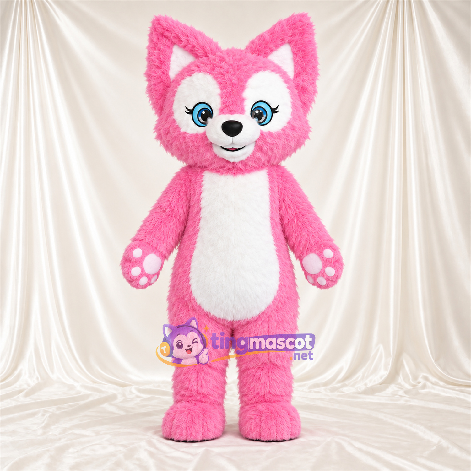 Maskottchenkostüm Fuchs – rosa / weiß – Pfotenballen (rosa); Augen (blau) Maskottchenkostüm Fuchs – rosa / weiß – Pfotenballen (rosa); Augen (blau)