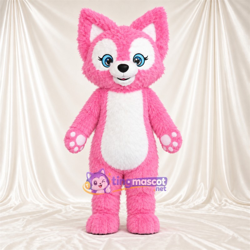Maskottchenkostüm Fuchs – rosa / weiß – Pfotenballen (rosa); Augen (blau) Maskottchenkostüm Fuchs – rosa / weiß – Pfotenballen (rosa); Augen (blau)