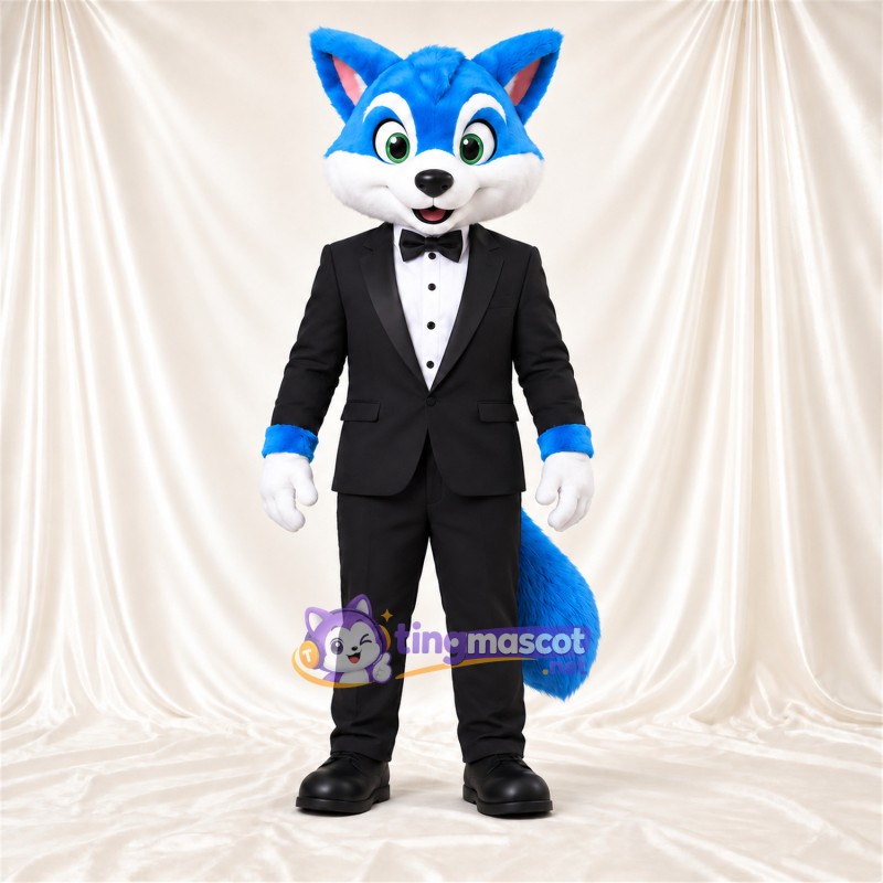 Blue and White Fox Mascot Costume - Black Tuxedo Blue and White Fox Mascot Costume - Black Tuxedo