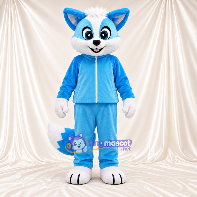 Blue and White Fox Mascot Costume - Blue Tracksuit Blue and White Fox Mascot Costume - Blue Tracksuit