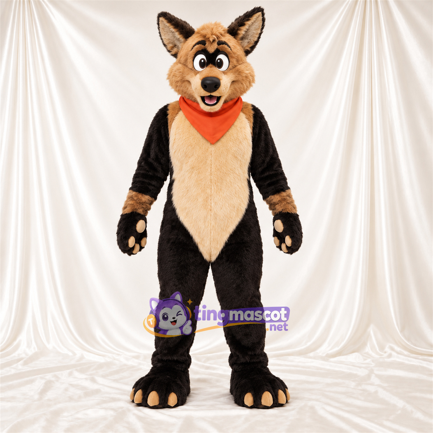 Black and Tan Coyote Mascot Costume - Orange Bandana Black and Tan Coyote Mascot Costume - Orange Bandana