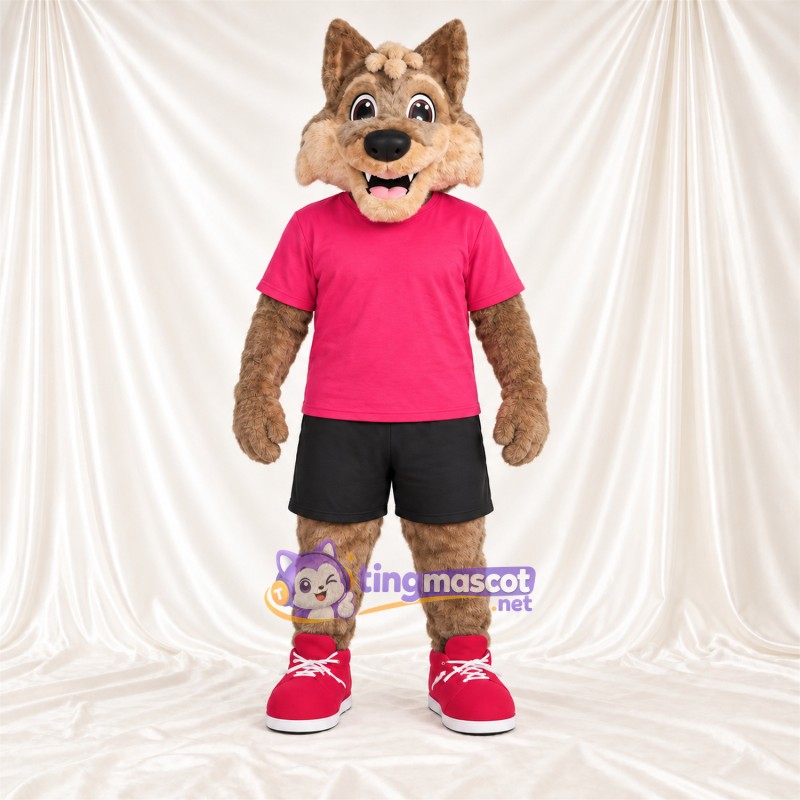 Costume de mascotte Coyote – brun clair – Chemise (rose); Short (noir) Costume de mascotte Coyote – brun clair – Chemise (rose); Short (noir)